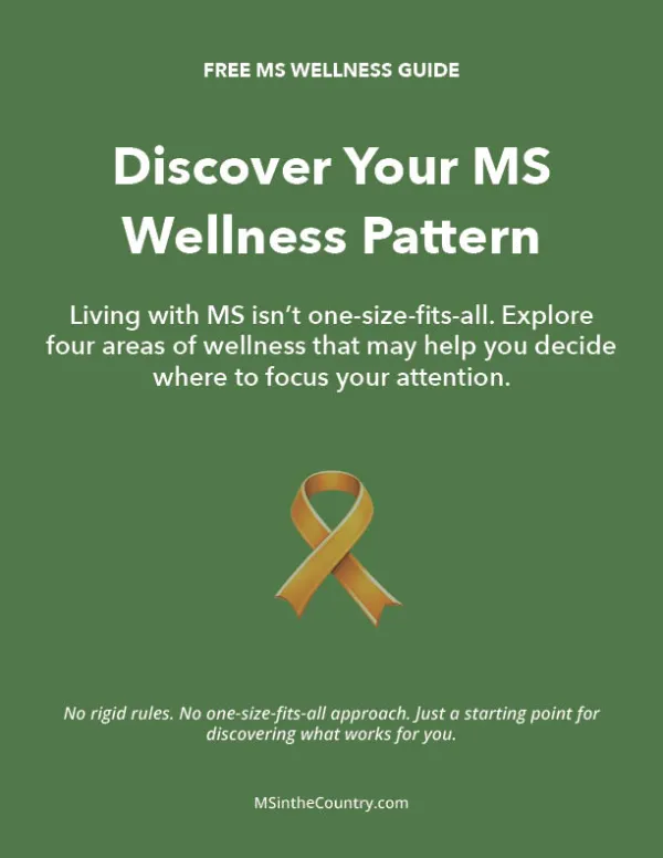 Cover of the free Discover Your MS Wellness Pattern guide from MS in the Country, featuring a gold MS awareness ribbon on a green background.