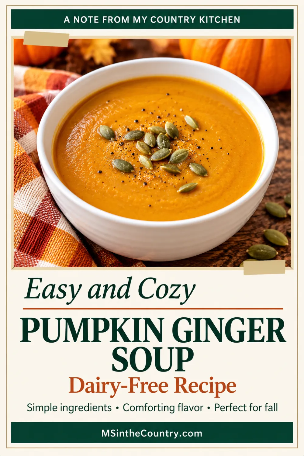 Pinterest pin for Easy Pumpkin Ginger Soup featuring creamy pumpkin soup topped with pumpkin seeds in a white bowl, with a cozy autumn background and dairy-free recipe text.