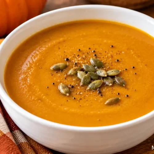 Easy pumpkin ginger soup with coconut milk in a white ceramic bowl, topped with pumpkin seeds and black pepper on a rustic wooden table.