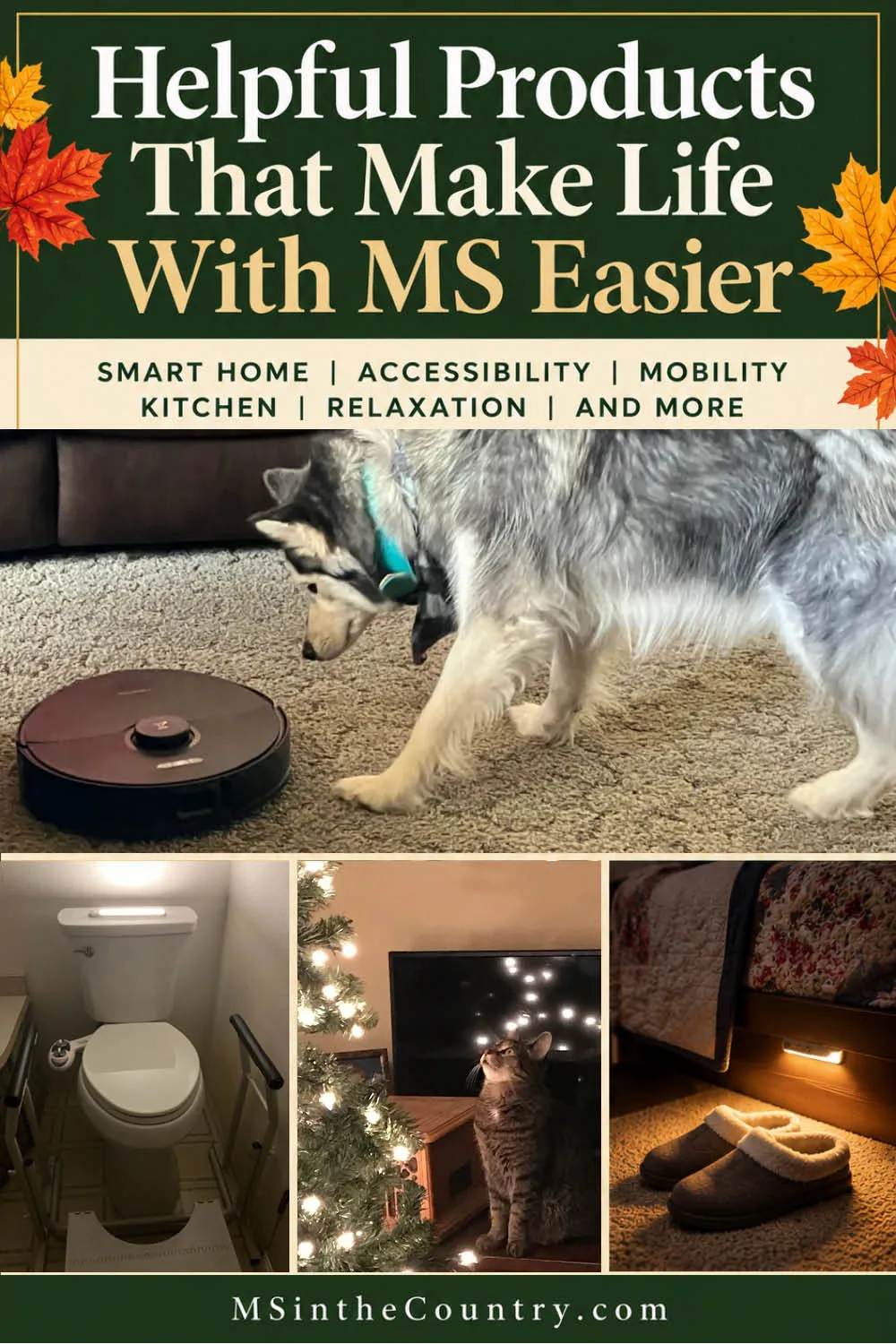Helpful products that make life with MS easier, including a robot vacuum, accessible bathroom, motion-sensor lighting, and simple holiday living ideas.
