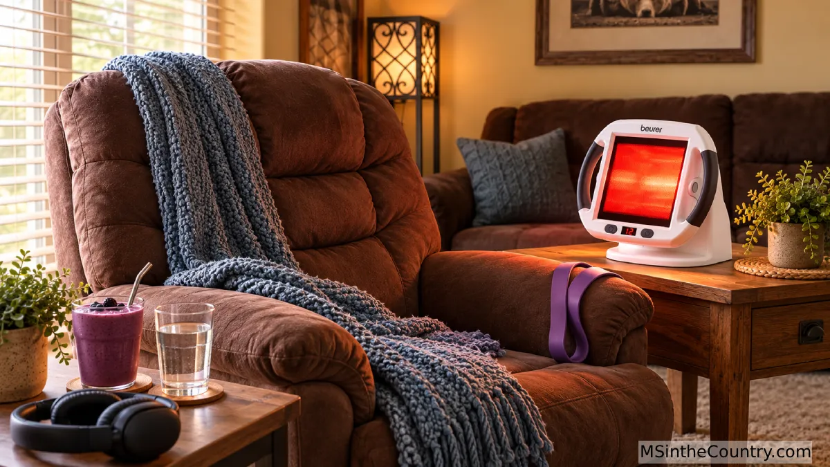 Cozy recliner with an infrared light, smoothie, headphones, and resistance band, illustrating my holistic MS lifestyle.